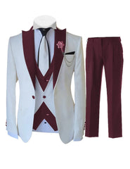 A three-piece white suit featuring a burgundy shawl lapel, matching vest, and trousers.