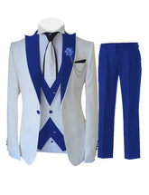 A three-piece white suit for men featuring a blue shawl lapel, matching blue vest, and blue pants.