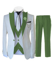 A three-piece men's suit featuring a white jacket with green lapels, a matching green vest, and green trousers.