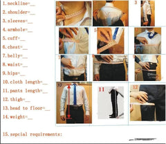 A measurement guide for men's suits showing twelve numbered steps for taking body measurements.