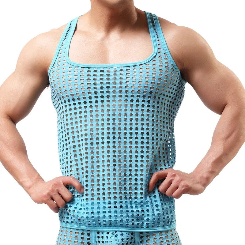 Fashion Men Mesh Tank Tops Hollow Out O Neck Sleeveless Party Vests See Through Sexy Tops Men Clothing - SHOWLU FASHION STORE