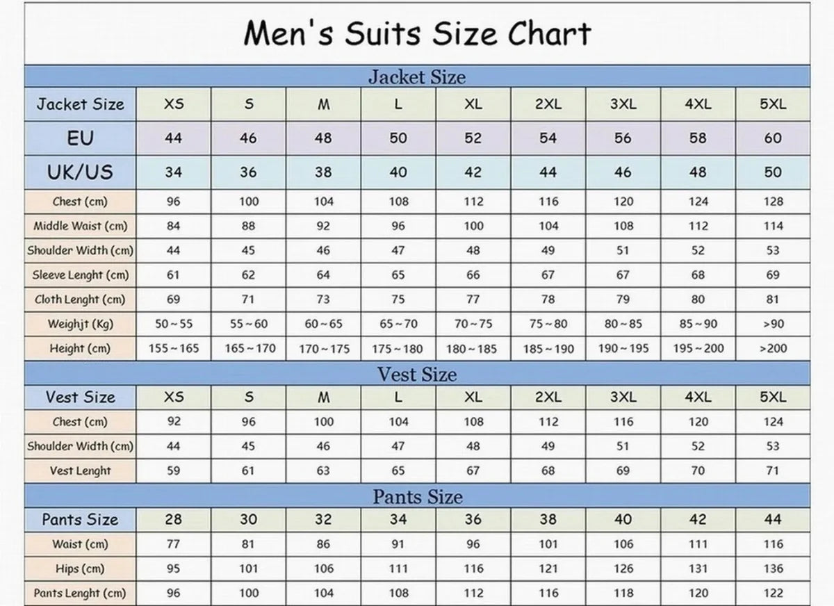 A size chart for men's formal suits detailing jacket, vest, and pants measurements in centimeters.