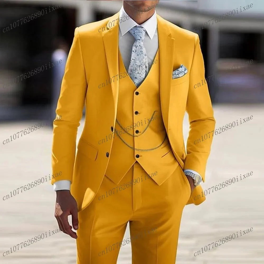 A man wears a formal three-piece orange suit consisting of a blazer, vest, and matching trousers.