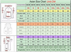 A size chart for a men's suit featuring measurements for the jacket, vest, and trousers.