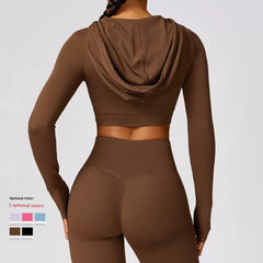 Fashion Spring Quick - Drying Long Sleeve Yoga Wear Training Outdoor Running Exercise T-shirt Hooded Workout Clothes Top without Chest Pad - SHOWLU FASHION STORE