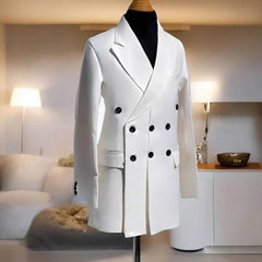 A white double-breasted long blazer for men featuring a peaked lapel and black buttons.