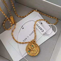 Fashion Turquoise Star Moon Necklace Women's Light Luxury Minority Vintage Gold Coin Non - Fading Pendant Twin Clavicle Necklace - SHOWLU FASHION STORE