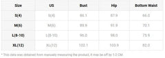 A size chart table for a women's jumpsuit showing measurements in centimeters for S to XL sizes.