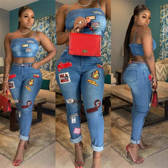 Fashion Women's Jeans Set Sexy Off Shoulder Strap Camisole Tops and High Waist Skinny Jean,Cartoon Sticker Jeans Casual Set - SHOWLU FASHION STORE
