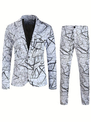 A men's two-piece suit set featuring a white jacket and pants with a black abstract line print.