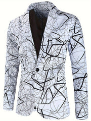A men's single-button blazer featuring a white base with a black abstract scribble print.