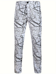 Men's white trousers featuring a black abstract scribble print pattern.
