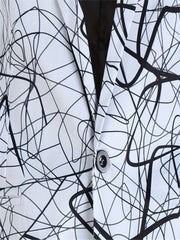 A men's suit jacket featuring a white base with a black abstract scribble print and a single button.
