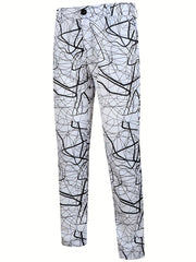Men's white trousers featuring a black abstract scribble print pattern.