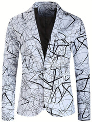 A men's single-button blazer featuring a white base with a black abstract scribble print.