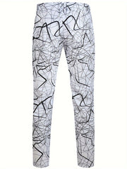 Men's white trousers featuring a black abstract scribble print pattern.