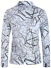 A men's casual blazer featuring a white base with a black abstract scribble print.