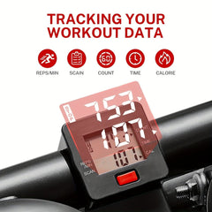 A digital workout monitor on a pedal exerciser displays exercise data like reps, time, and calories.