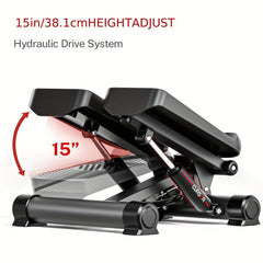 A black mini stair stepper exercise machine with a hydraulic drive system.