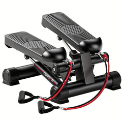 A black mini stair stepper exercise machine with attached red resistance bands.