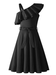 Girl's Sleeveless Polka Dot A-Line Dress with Ruffled One-Shoulder Design and Waist Bow - Black & White Summer Dress for Youngsters 5-12 Years