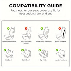 A compatibility guide for faux leather car seat covers showing suitable and unsuitable seat types.