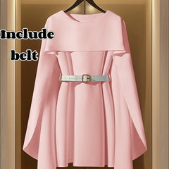 A light pink A-line dress with a round neck, cape-style sleeves, and an included waist belt.