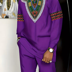 A man wears a purple long-sleeved African-inspired suit with a patterned chest and sleeve design.