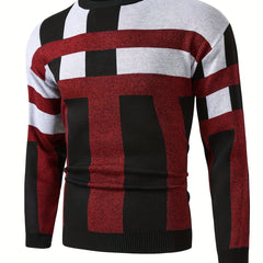 Men's Color Block Round Neck Sweater, Trendy Stretch Warm Pullover For Winter Outdoor