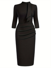 A black knee-length sheath dress with three-quarter sleeves, a high tie-neck, and draped waist.