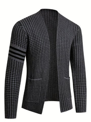 A slim-fit grey and black houndstooth knit cardigan with long sleeves and contrast arm stripes.