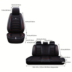 A set of black faux leather car seat covers with red accents and detailed dimension labels.