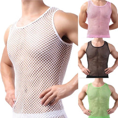 Fishnet Men Sexy Mesh Tank Tops Transparent Sleep Tops Male Underwear Pure Color Vest Sleeveless Tops Underwear Male Undershirt - SHOWLU FASHION STORE