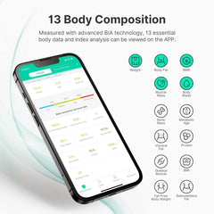A smartphone displays the FITINDEX app interface showing 13 body composition metrics.