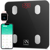 A black FITINDEX digital body composition scale shown with a smartphone and smartwatch app display.