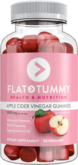 A bottle of Flat Tummy Apple Cider Vinegar Gummies containing 60 vegan, non-GMO supplements.