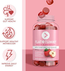 A bottle of Flat Tummy Apple Cider Vinegar gummies with icons for gut health, metabolism, and energy.