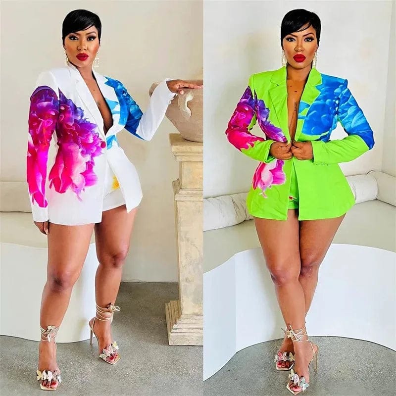 Floral Print 2 Piece Sets Women Outfit Elegant Office Lady Blazer Coat and Short Suits Club Party Matching Sets Conjuntos Curtos - SHOWLU FASHION STORE