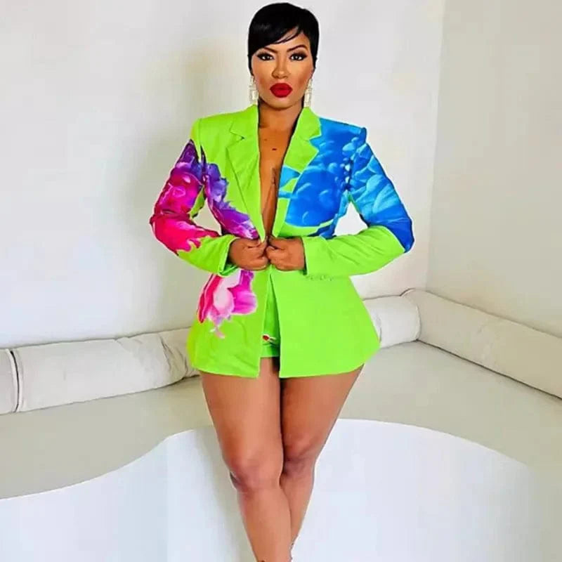 Floral Print 2 Piece Sets Women Outfit Elegant Office Lady Blazer Coat and Short Suits Club Party Matching Sets Conjuntos Curtos - SHOWLU FASHION STORE