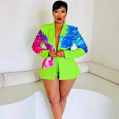 Floral Print 2 Piece Sets Women Outfit Elegant Office Lady Blazer Coat and Short Suits Club Party Matching Sets Conjuntos Curtos - SHOWLU FASHION STORE