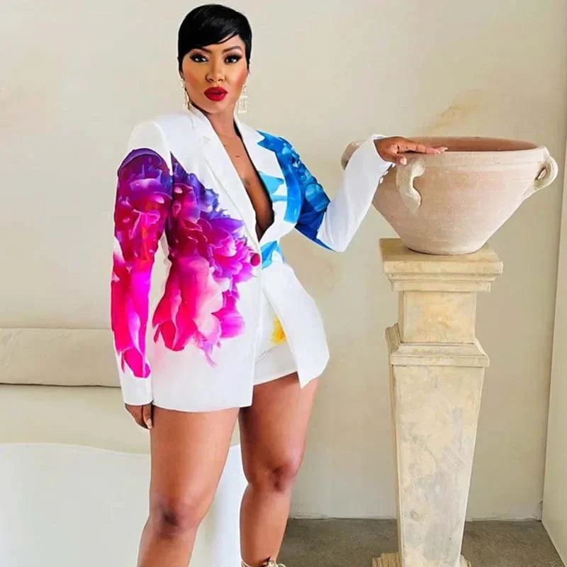 Floral Print 2 Piece Sets Women Outfit Elegant Office Lady Blazer Coat and Short Suits Club Party Matching Sets Conjuntos Curtos - SHOWLU FASHION STORE