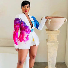 Floral Print 2 Piece Sets Women Outfit Elegant Office Lady Blazer Coat and Short Suits Club Party Matching Sets Conjuntos Curtos - SHOWLU FASHION STORE