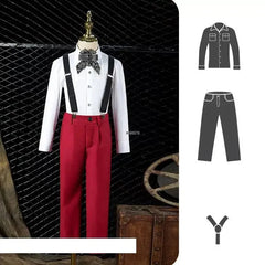 A boys formal tuxedo set featuring a white button-down shirt, red trousers, and black suspenders.