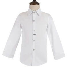 A long-sleeved white button-down dress shirt for boys displayed on a mannequin.