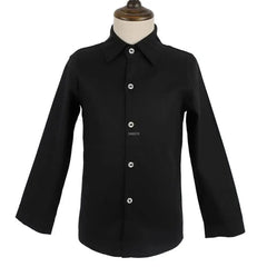 A long-sleeved black button-down dress shirt for boys.