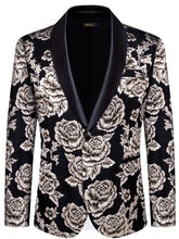 A black men's blazer featuring a white floral pattern, a shawl lapel, and a single-button closure.