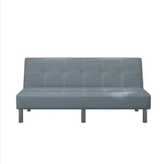 A grey foldable leather sofa bed with a tufted design and simple wooden legs.