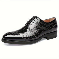 A black glossy wing-tip brogue shoe with a lace-up closure and textured crocodile-skin pattern.