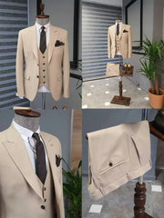 A three-piece khaki slim-fit suit featuring a peak lapel jacket, vest, and matching trousers.