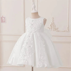 A sleeveless white formal dress for baby girls featuring lace embroidery and beaded embellishments.